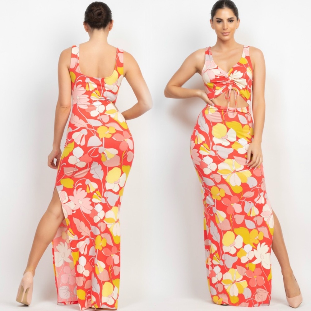 Floral Coral Ruched Stretchy Front Maxi Dress